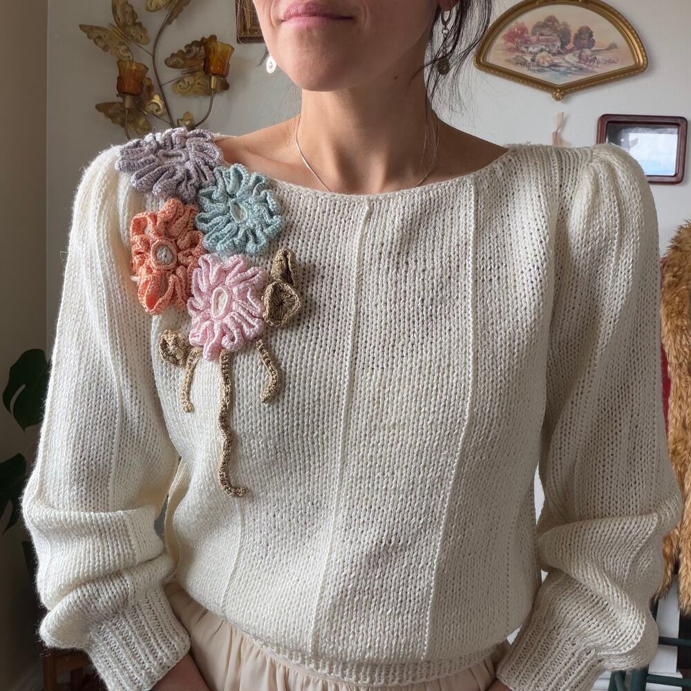 Vintage Sweater with Handknit Flowers